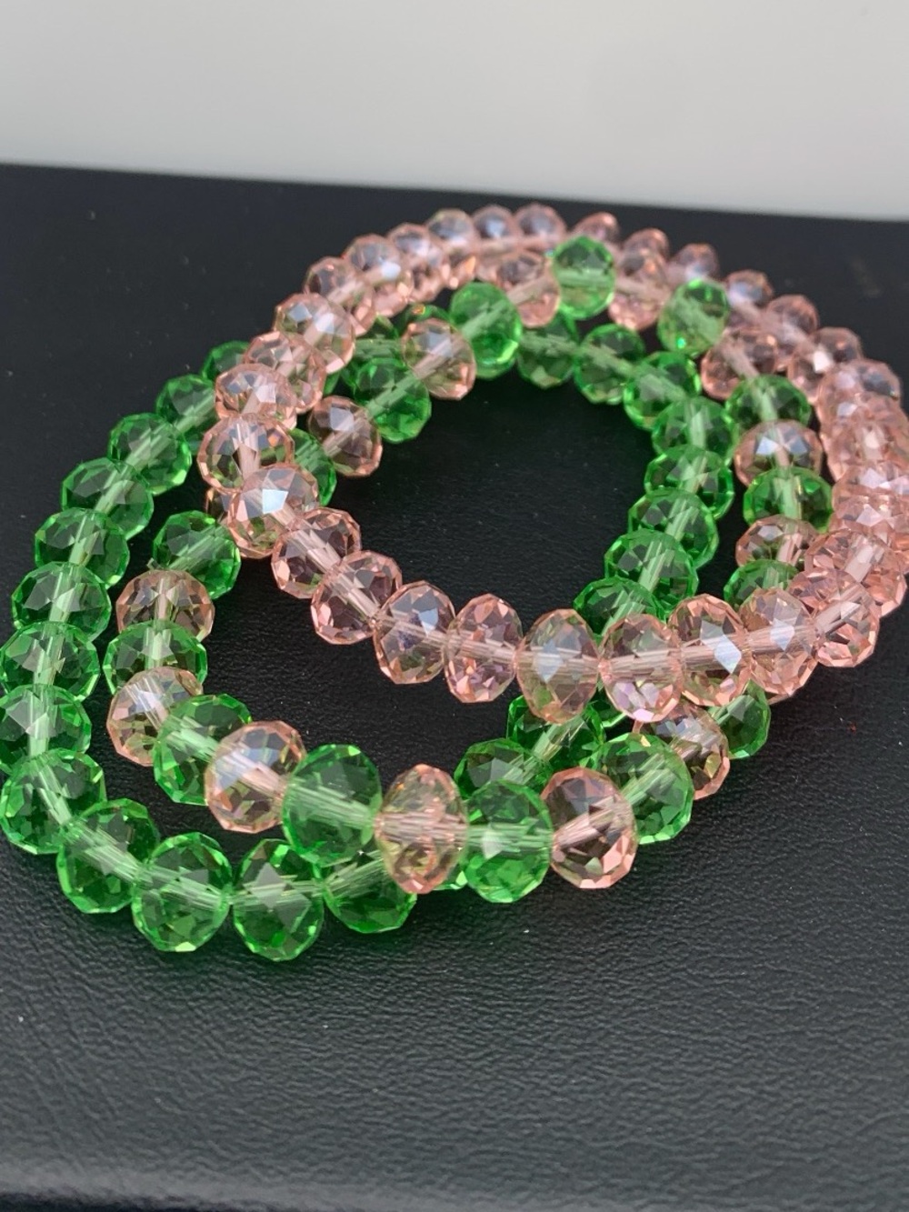Lot of 3 Pink and Green Faceted glass Bead Stretch Bracelet Set stack